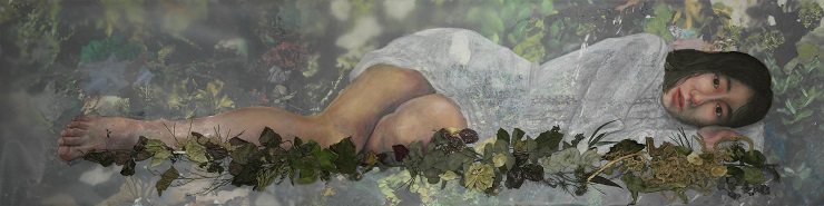 김하은, _보랏빛 눈을 가진 아름다운 그녀를 만나러_, 디지털프린트, 유화, 트레팔지, 식물, 거울, 160x40cm, 2018